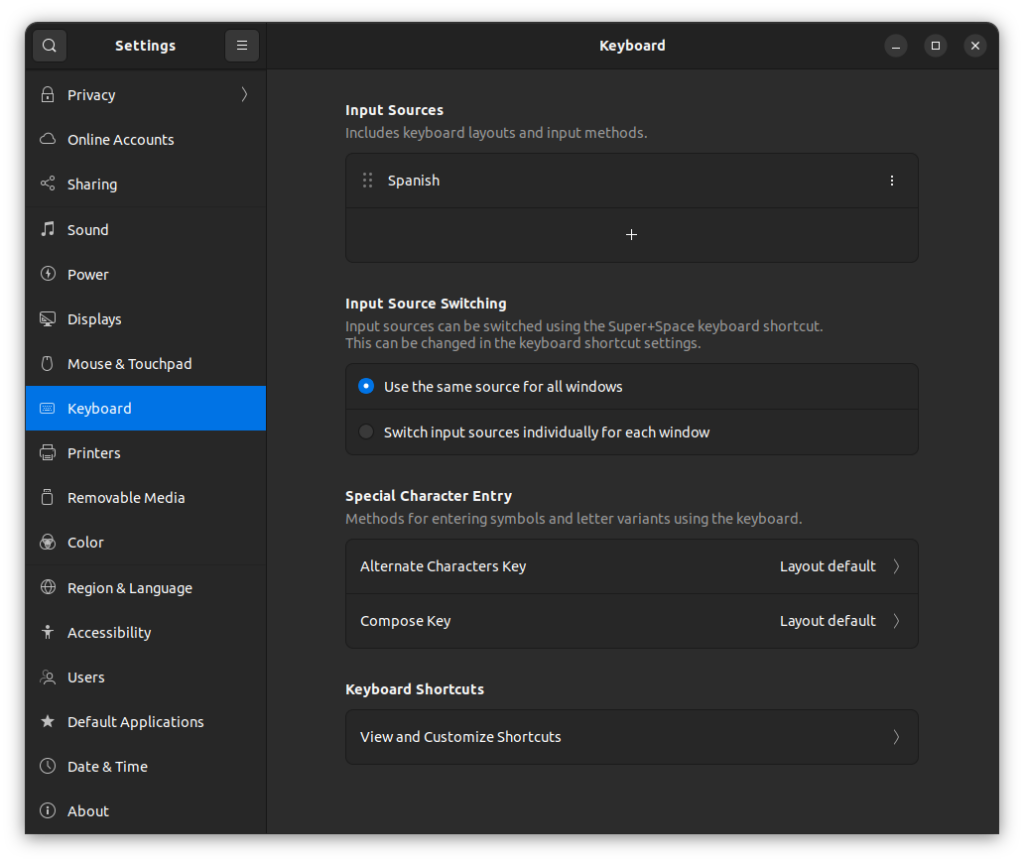 Venta de Settings - opción Keyboard